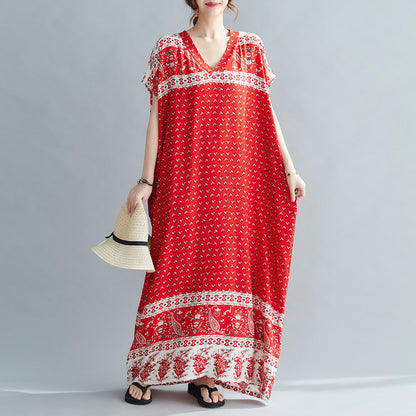 Ethnic Travel Vacation Style Cotton Silk Positioning Printed V-neck Dress