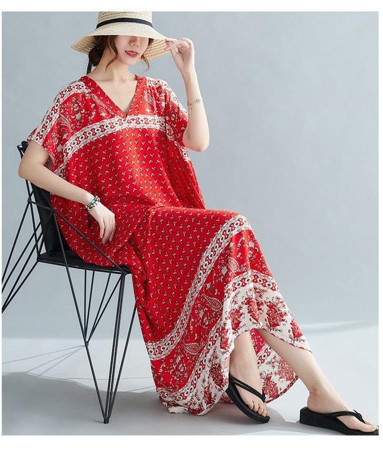 Ethnic Travel Vacation Style Cotton Silk Positioning Printed V-neck Dress