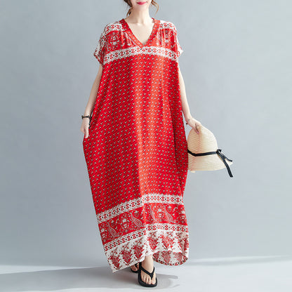 Ethnic Travel Vacation Style Cotton Silk Positioning Printed V-neck Dress