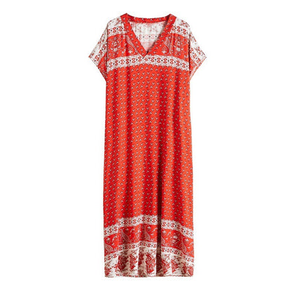 Ethnic Travel Vacation Style Cotton Silk Positioning Printed V-neck Dress