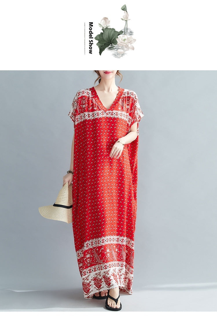 Ethnic Travel Vacation Style Cotton Silk Positioning Printed V-neck Dress