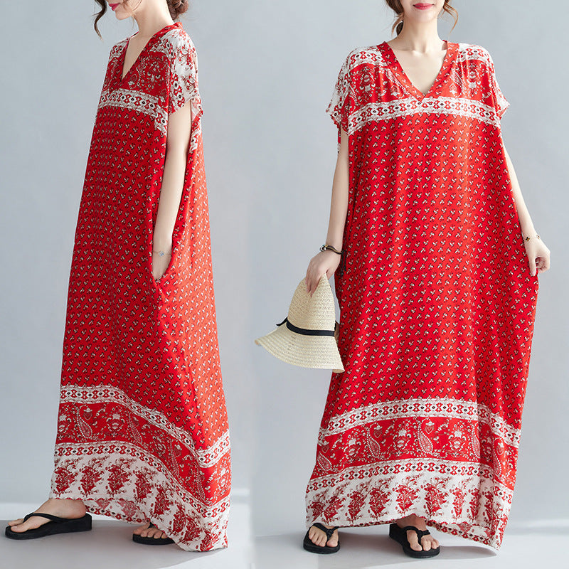 Ethnic Travel Vacation Style Cotton Silk Positioning Printed V-neck Dress