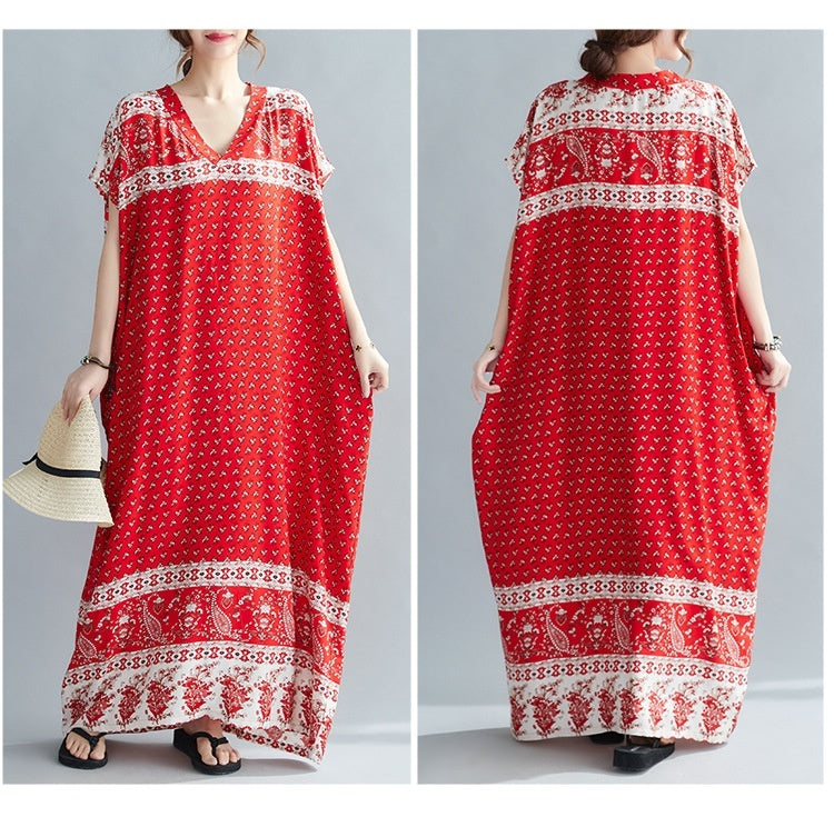 Ethnic Travel Vacation Style Cotton Silk Positioning Printed V-neck Dress